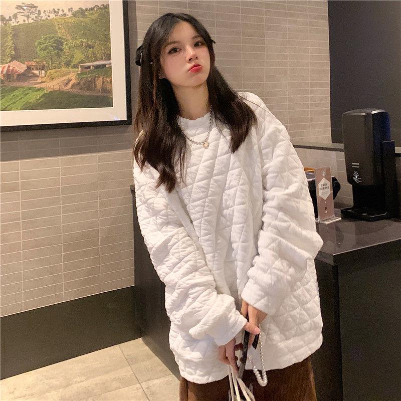 Women's Korean Style Quilted Cotton Sweatshirt - Thickened, Loose Fit, Autumn/Winter Solid Color Bubble Air Top Jacket