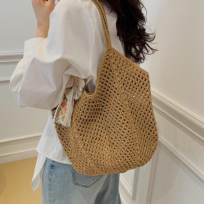 Summer Lace Bow Tote Bags Women Raffia Knitting Woven Shoulder Bag 2025 Rattan Large Casual Crochet Shopping Bag Ladies Handbag