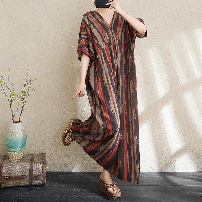 Short Sleeve Plus Size Cotton Vintage Stripe New In Dresses for Women Casual Loose Long Summer Dress