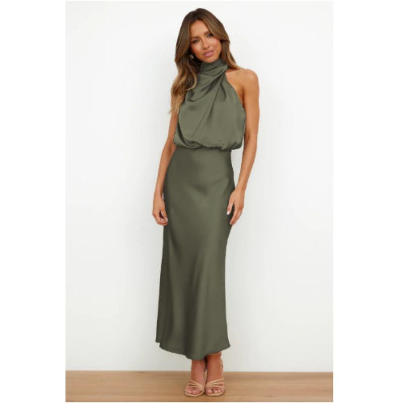 Europe, America, Spring and Summer New Solid Color High-end Satin Sleeveless Dress Fashionable and Elegant Temperament Light Evening Dress