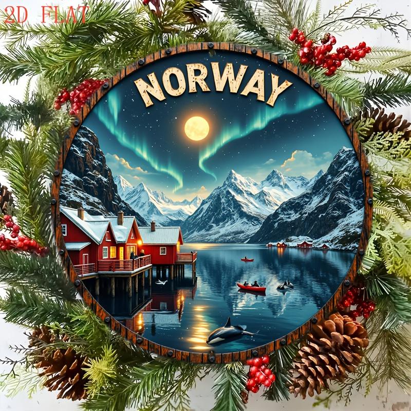 1pc 8-Inch Norway Northern Lights Wall Art - Rustic Scandinavian Metal Sign with Aurora Borealis Fjords Norwegian Flag Letter