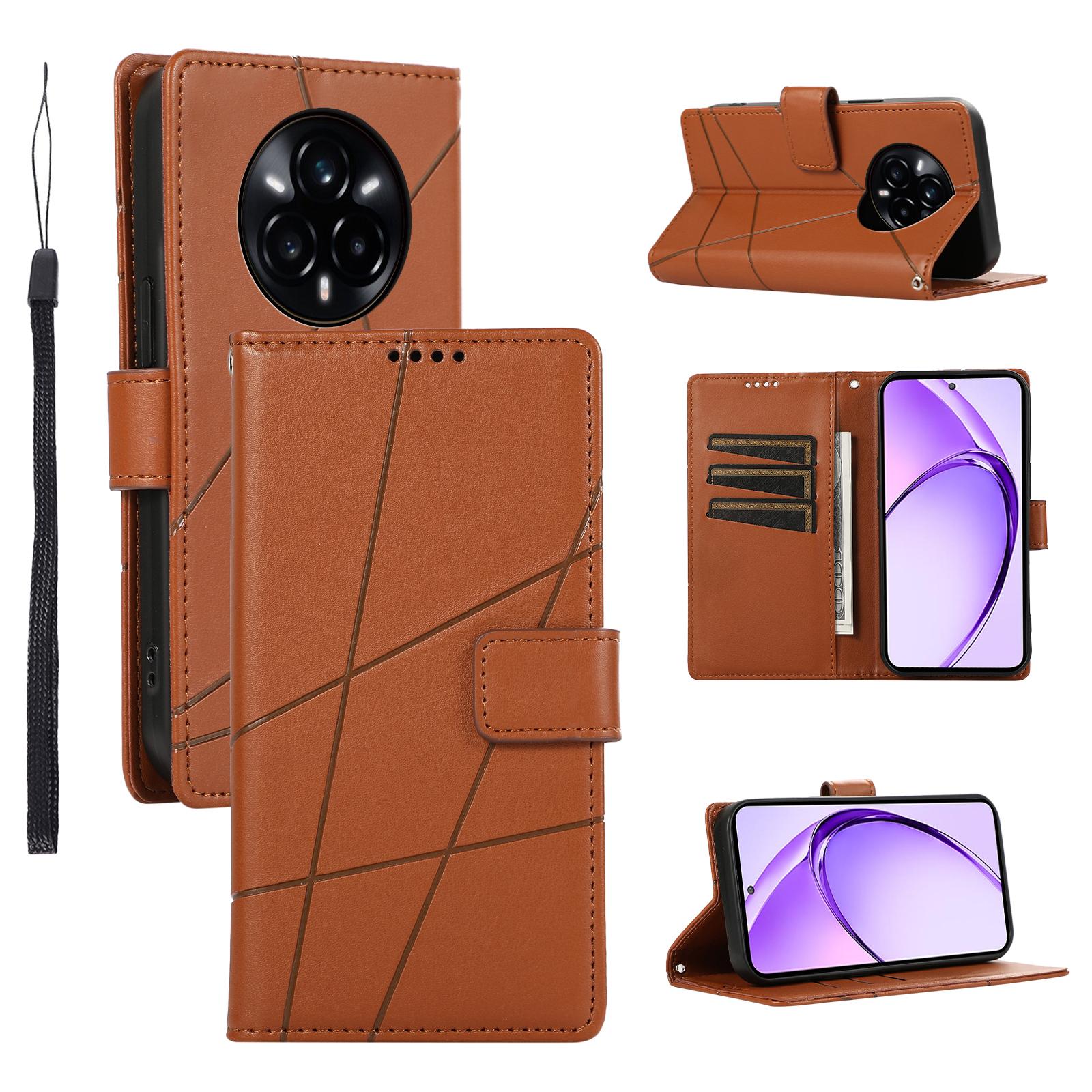 

DF-06 For Realme 14 Pro+ 5G Phone Case Line Imprint Leather Wallet Cover Brown