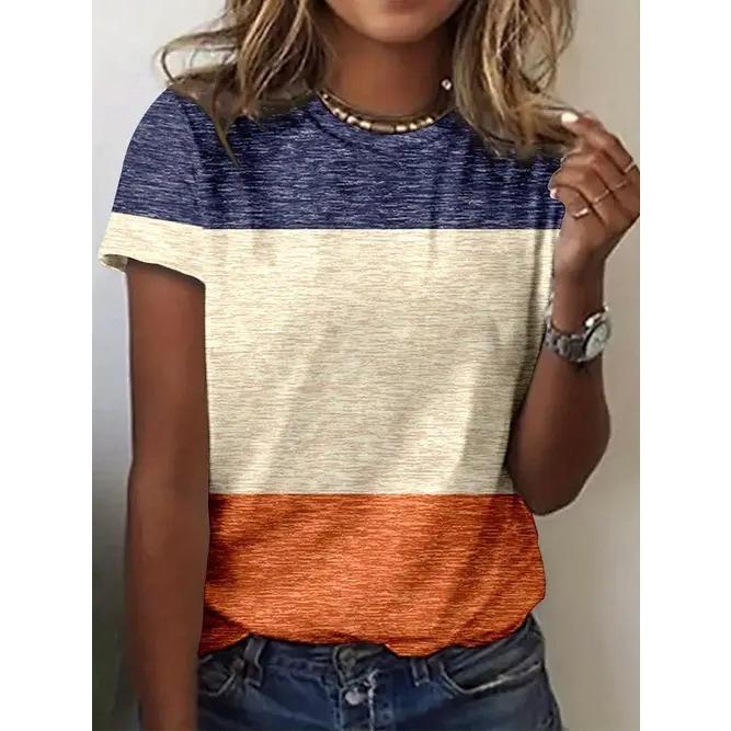 Summer Round Neck Geometric Pattern Color Block 3D Print Top Fashionable Casual Short Sleeved Women's T-shirts
