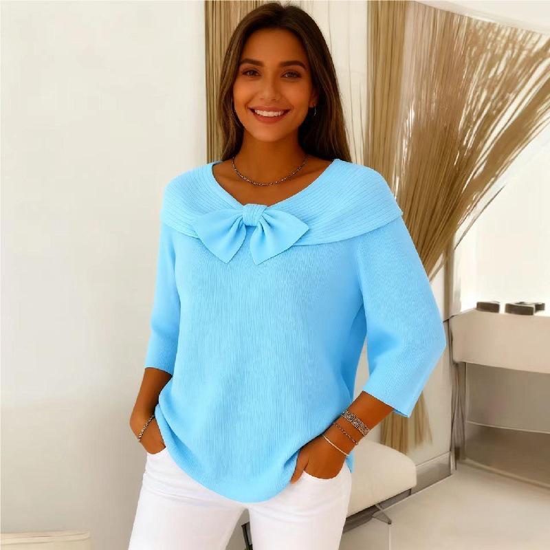 2025 Autumn/Winter Solid Color Bow Knit Sweater - Versatile Casual Women's Fashion