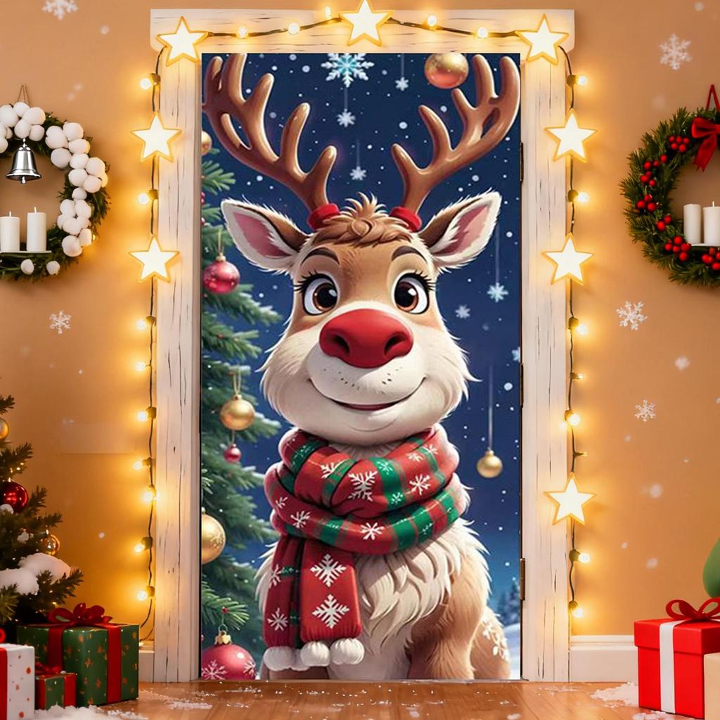 Door Cover For Christmas 71x35inch Large Festive Reindeer Front Door Covers Hanger Backdrop Holiday Decoration For Home Party