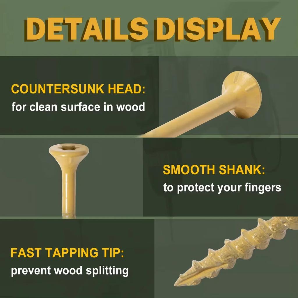 75PCs Yellow Screws, Fully Machined Finished Male Threads, Countersunk Smooth Shank, T-25 Star Drive, 6-Point Tight Bite