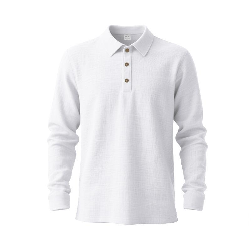 Spring Loose-Fit Solid-Colour Collared Casual Business Men's Long-Sleeved Linen Polo Shirt