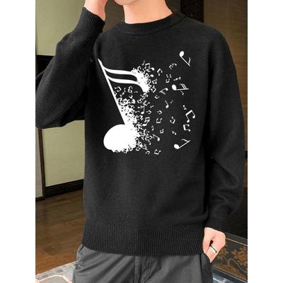 Men's Crew Neck Sweater, Retro Logo Print, Lightweight Knit, Breathable Polyester, Spring Autumn Top
