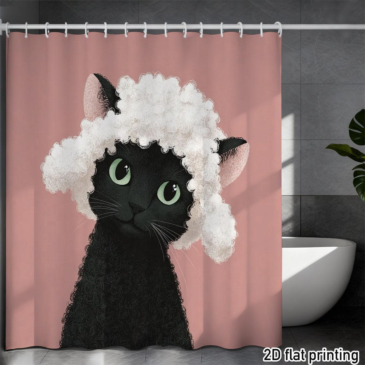 

Black Cat Shower Curtain Fluffy White Hat Green Eyes, Waterproof Polyester, 72X72 Inch, Cute Pet Lover Gift For Bathroom Decor W60H190(CM)-1 Pcs