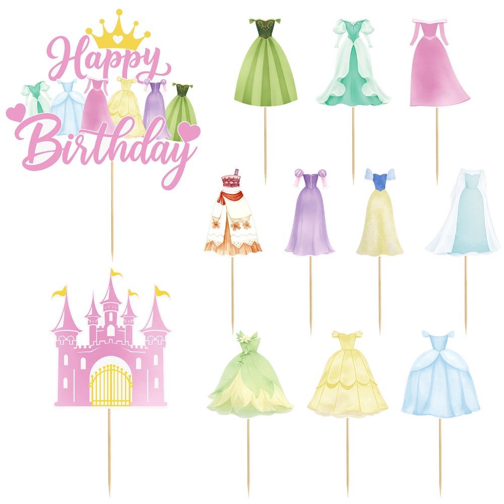 Happy Birthday Princess Dress Cake Topper Fairy Tale Fantastic Princess Cake Decorations Cupcake Toppers for Baby Shower