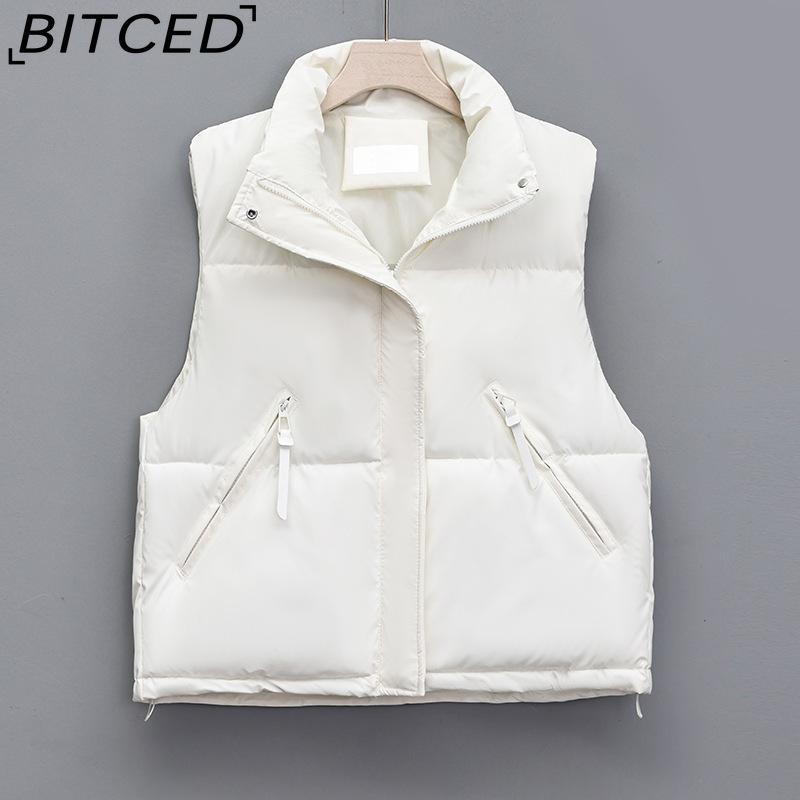BITCED Women's Elegant Minimalist Style Army Green Stand-Collar Cotton Vest