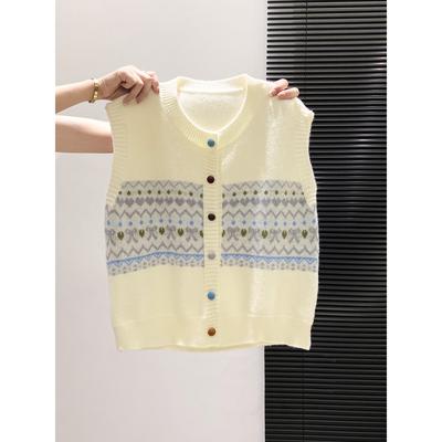 Autumn and Winter Stacked Sweater Vest Female Design Sense Jacquard Contrasting Color Cardigan Knitted Vest Button Sleeveless Top