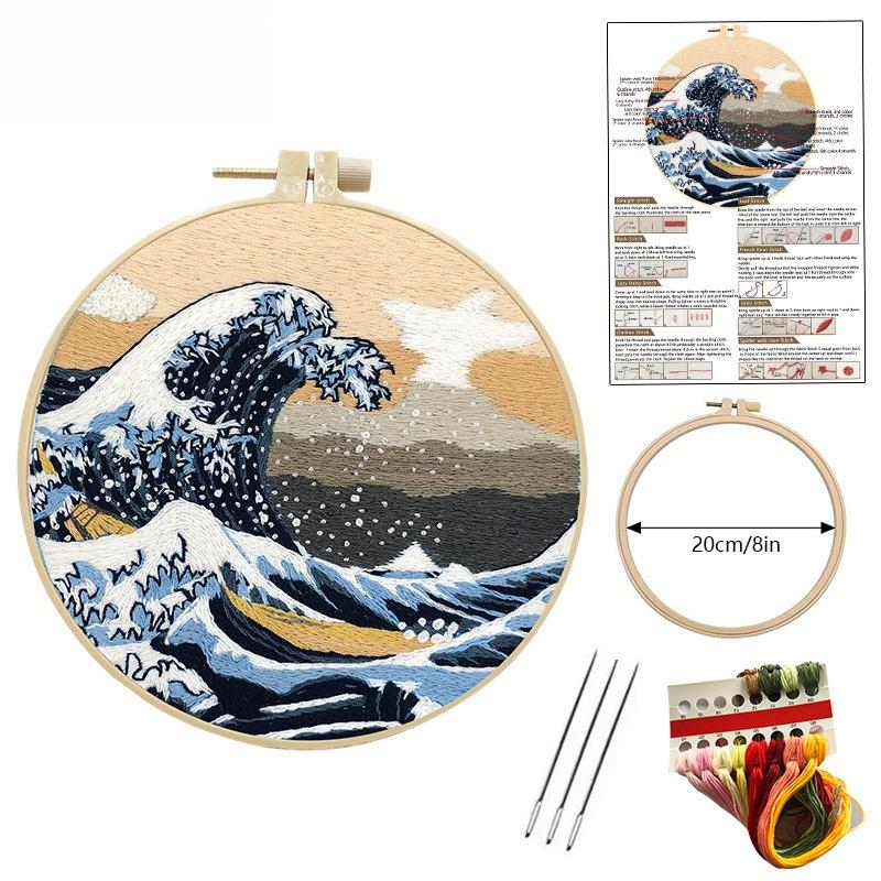 1 PC Kanagawa Great Wave off Kanagawa Pattern Embroidery DIY Fabric Craft Kit with Tools