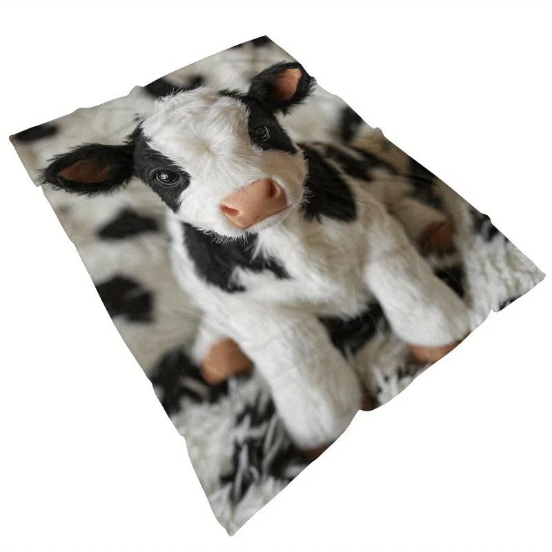 

1pc Cozy Cows Print Flannel Blanket - Soft Warm Polyester Fleece Throw for Sofa Bed Travel - All Seasons Chunky Knit Blanket 30x40in
