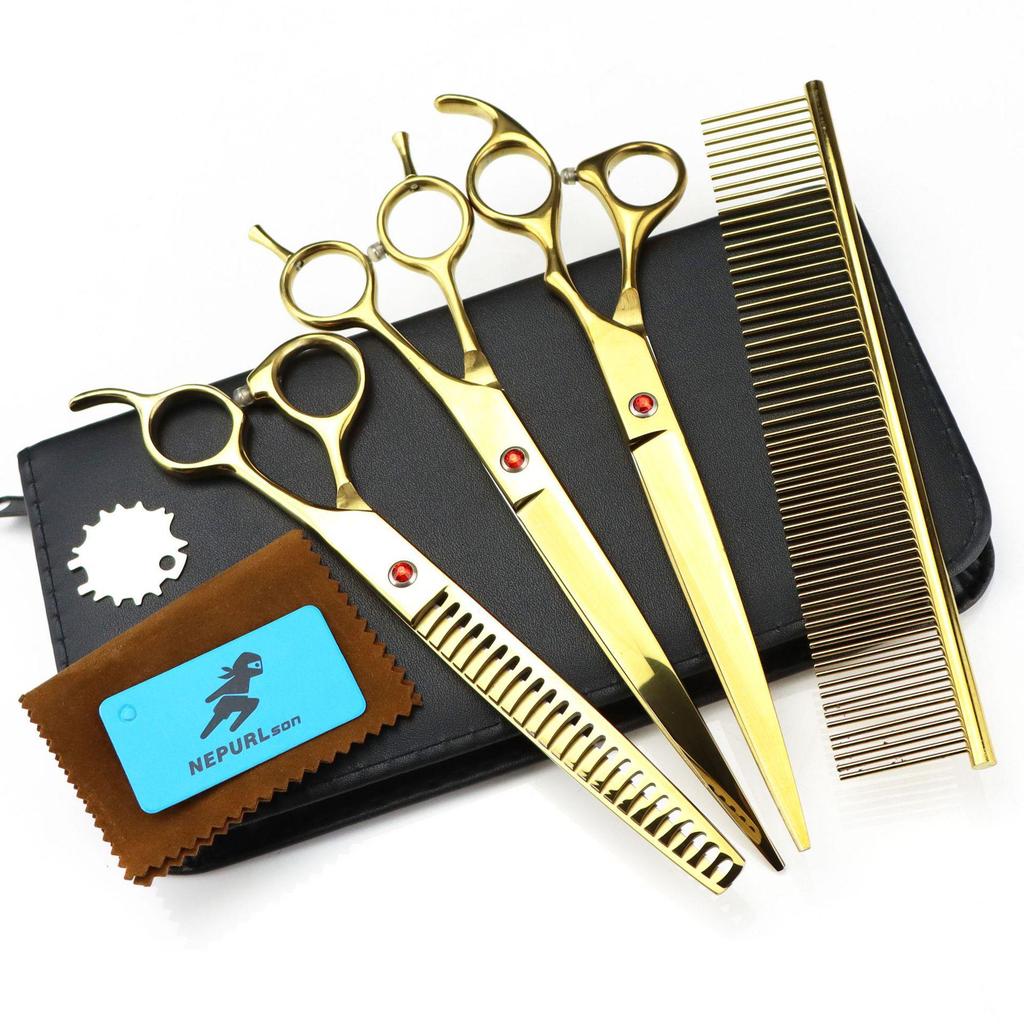Napson Golden 8.0" Pet Grooming Scissors Set: 3-Piece Straight Shears & Comb
