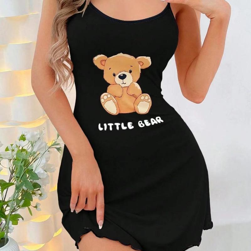 Women Suspender Skirt Ladies Short Skirt Comfortable Pajamas Leisure Homewear Sexy Outside Letters Bear Printed One-Piece-Dress
