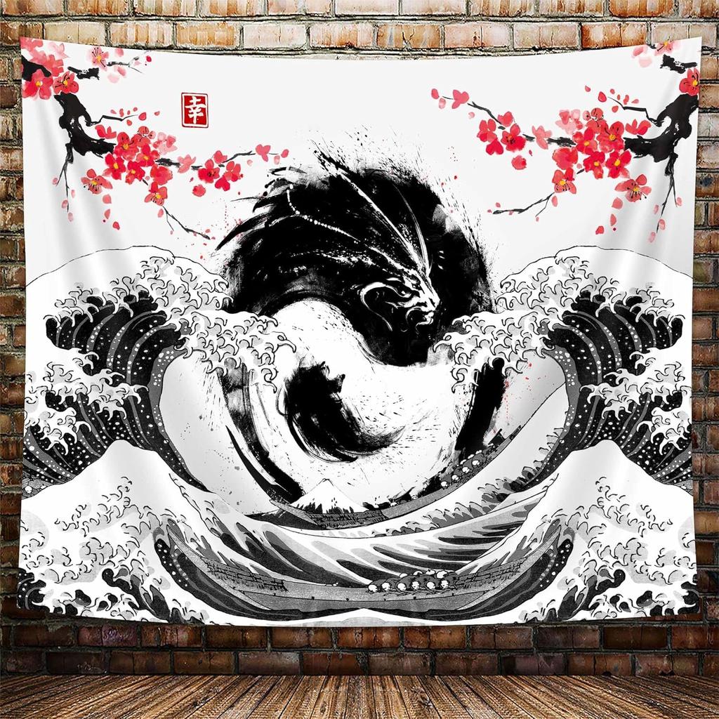 Pink Japanese Wave TapestryJapan Mount Fuji Kanagawa Great Waves Pastel Tapestry Wall Hanging for Bedroom AestheticPsychedelic