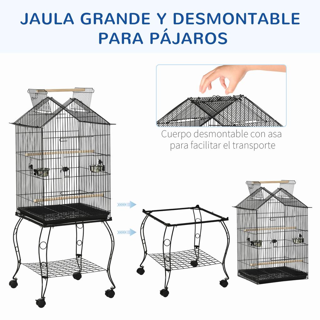 Bird Cage with Rolling Stand, Removable Tray & Feeders for Canaries Parakeets, 50x58x137-145 Cm, Black