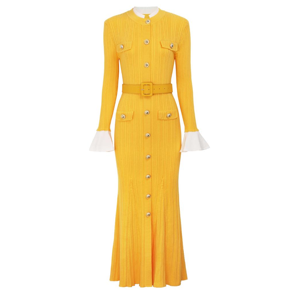 Quality Spot Spring and Autumn New Long Sleeve Crew Neck Belt Knitted Versatile Slim Skinny Long Dress 25144