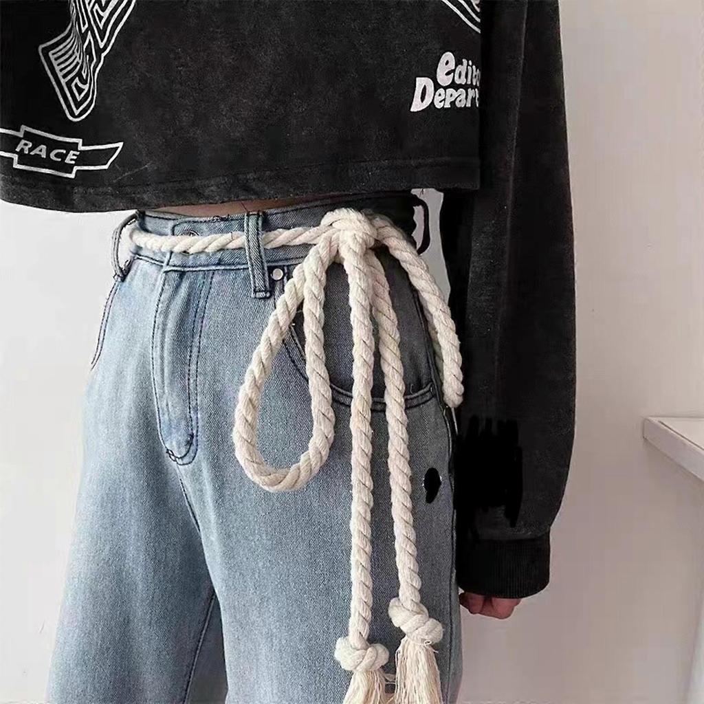 Cotton Linen Adjustable Belt Thick Rope Design Waist Girdle Retro Waistband for Jeans Outfits Casual Daily Wear Beige