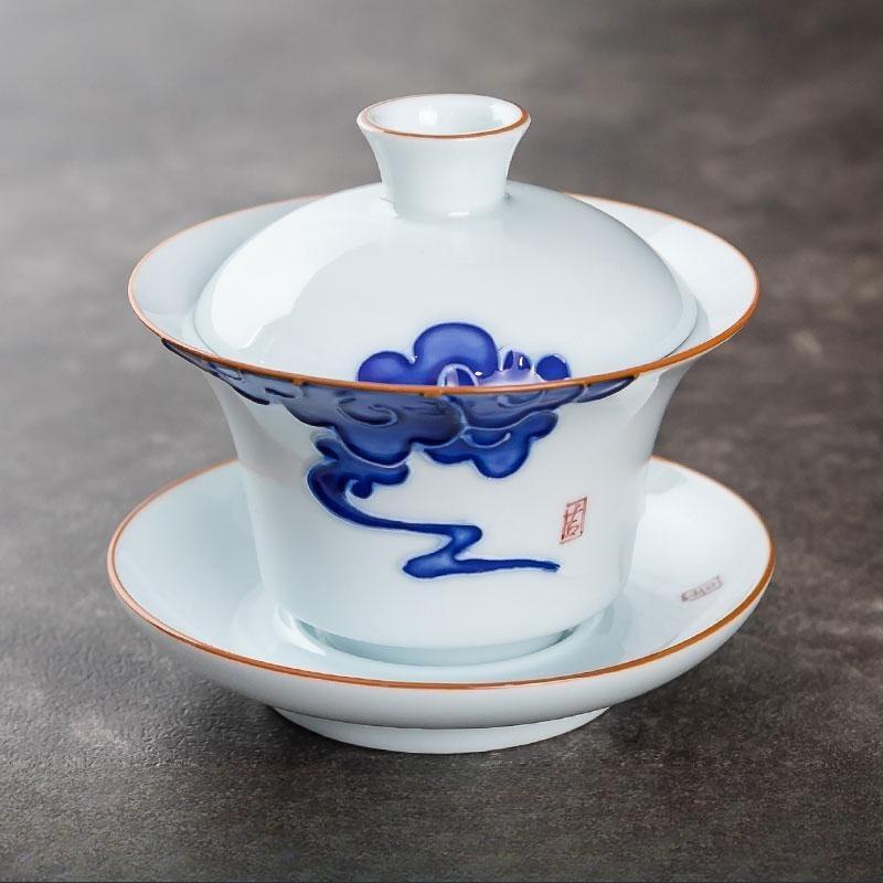 150ml Ceramic Hand-painted Tea Cup Non Hot White Porcelain Sancai Tea Bowl Underglaze Color Covered Bowl Drinking Utensils