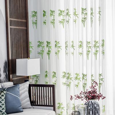 Bamboo Printed Gauze Curtain, Rod Pocket Window Treatment For Bedroom Office Kitchen Living Room Study Home Decor