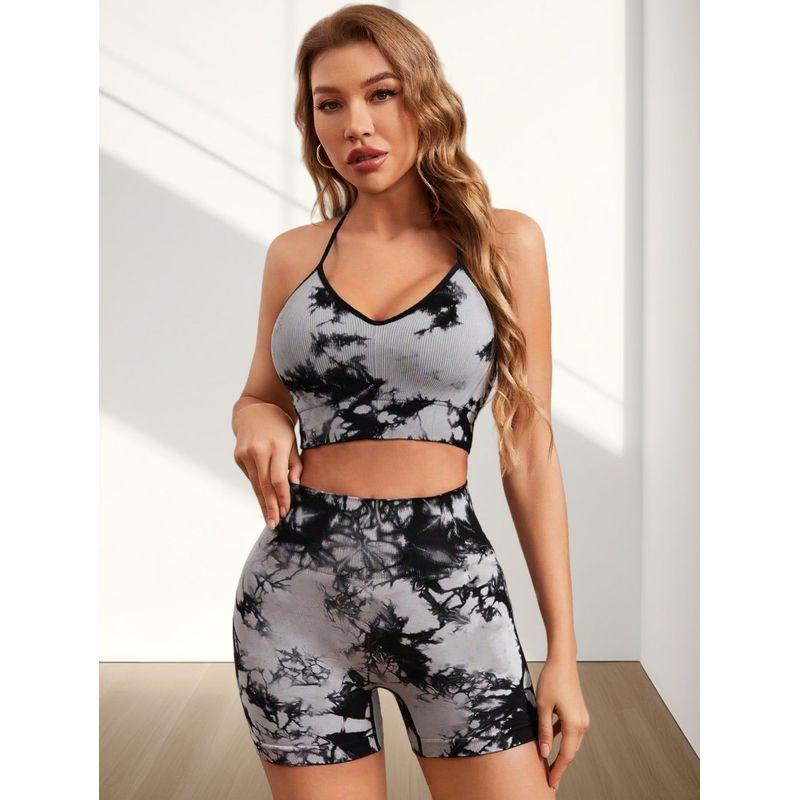 Seamless Tie-Dye Sports Suit Women's High Waist Hip Lift Stretch Workout Pants Double-Shoulder Strap Beauty Back Yoga Bra Shorts
