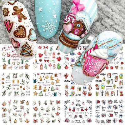 Christmas Greenery Nail Stickers Birds Water Nail Decals Letters Chocolate Sliders Winter Decoration Watermarks