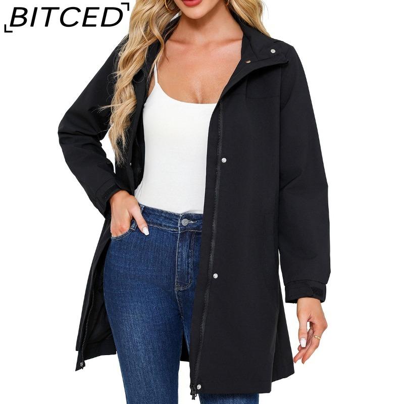 BITCED Spring/Fall Detachable-Cap Water-Resistant Trench Coat for Women Solid Color Long-Sleeve Lightweight Jacket Casual Women's Wear