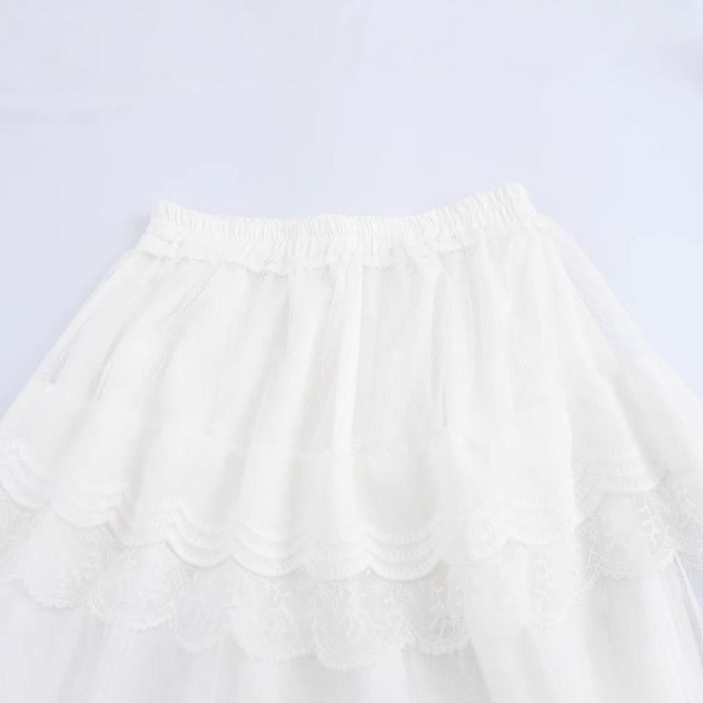 Spring 2025 Women's European & American Lace Trim Puff Midi Skirt