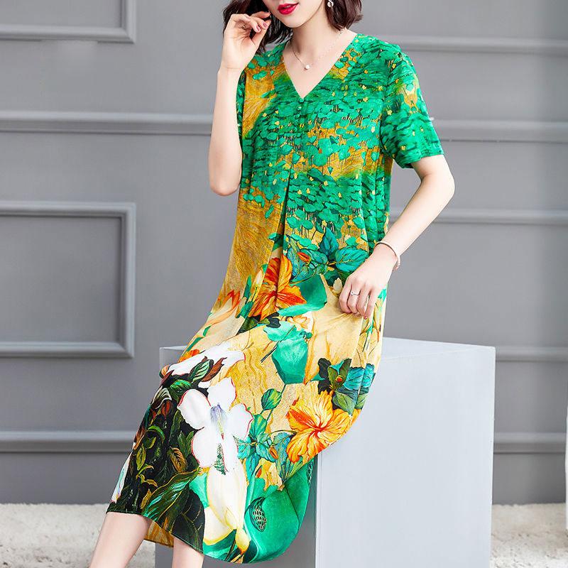 Elegant V-Neck Floral Printed Dresses Vintage Folk Summer Stylish Button Folds Women's Clothing Casual Short Sleeve Midi Dress