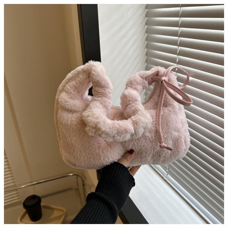 Solid Color Bow Decoration Plush Shoulder Bag With Zipper Closure For Daily Use