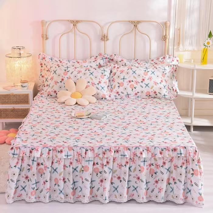 3pcs Sheet Set High Grade 100% Cotton Printed Bedspread King Queen Size Cute Pure Cotton Thick Bed Skirt with 2pcs Pillowcase
