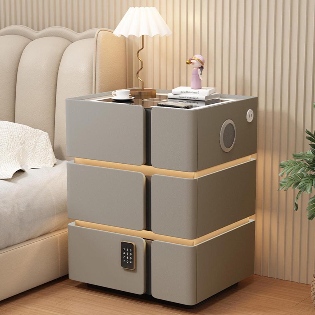 Solid Wood Smart Bedside Table with Wireless Charging, Modern Minimalist Design, Three-Layer Storage, Floor-Standing for Small Apartments.