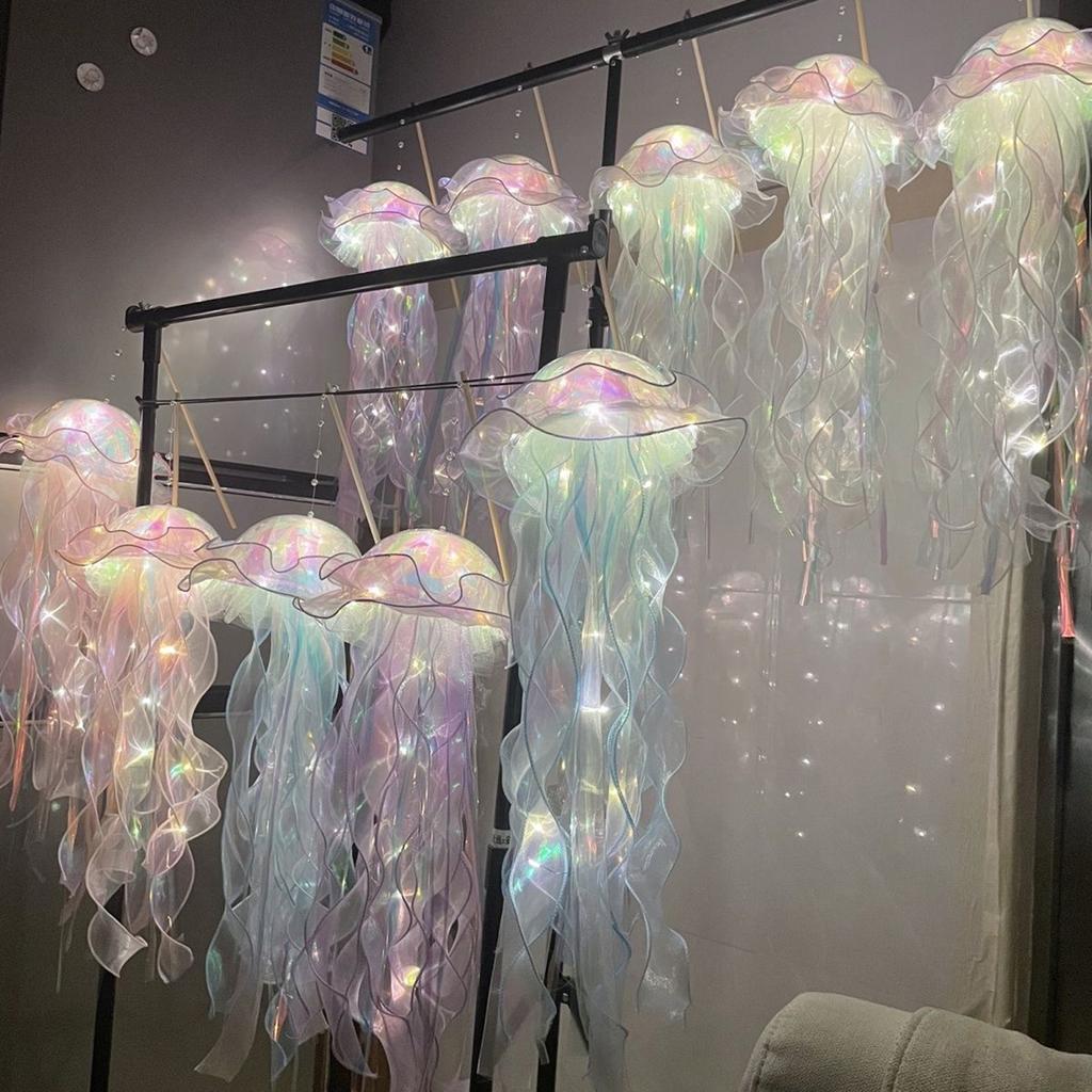 Portable LED Jellyfish Lantern Glitter Hanging Jellyfish Lanterns with Bright Strip Bedroom Decor Supplies Gifts for Kids Girls