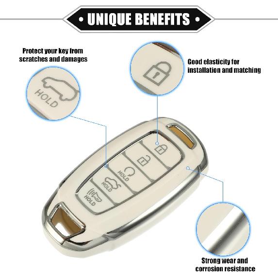 Key Fob Cover Compatible for Hyundai Elantra, 5 Buttons Silver Tone Edge Fashion Soft TPU White Remote Keyless Smart Key Fob Case Protection Shell
