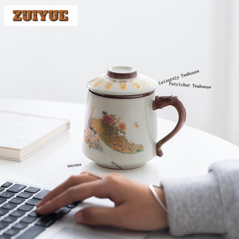350ml Peacock Ceramic Filter Tea Separator Cup Handmade Tea Mug With Infuser Tea Maker Office Water Cup Tea Services Gift Craft