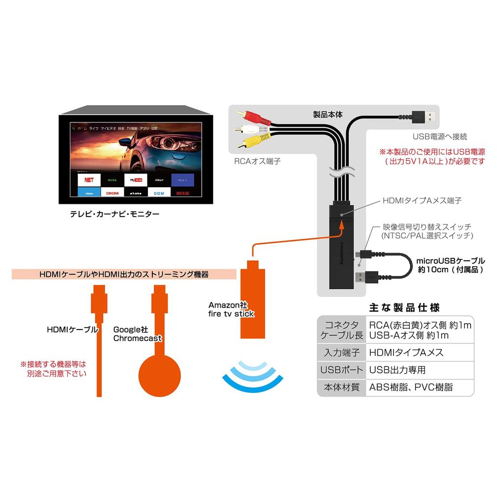 Kashimura HDMI/RCA Conversion Cable USB 1 Port Compatible with Fire