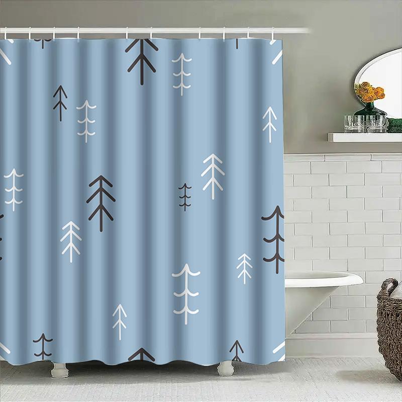 Modern Bathroom Shower Curtain Nordic Forest Print Pattern, Waterproof Fabric, Easy Cleaning, Room Decor Accessories For Home Ba
