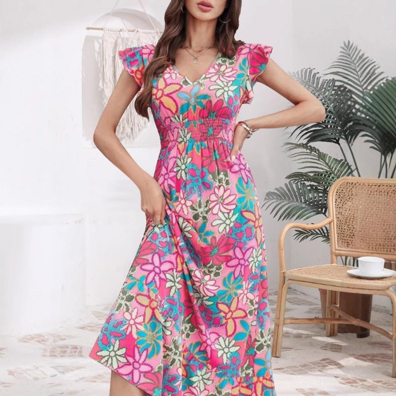 Women's Summer Fresh Sweet Holiday Style Fashion Flower Print Small Flying Sleeve Dress