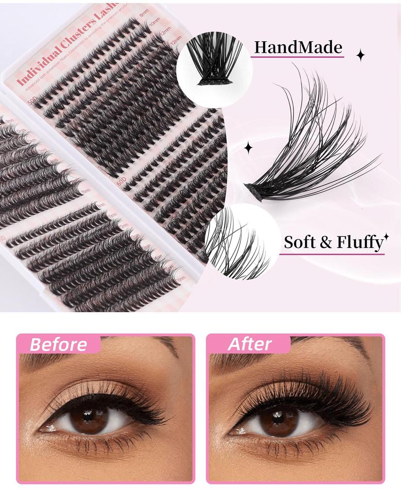DIY Cross-Border Single Cluster D-Curved False Eyelashes Set - 640 Clusters with Mixed Lower Lashes