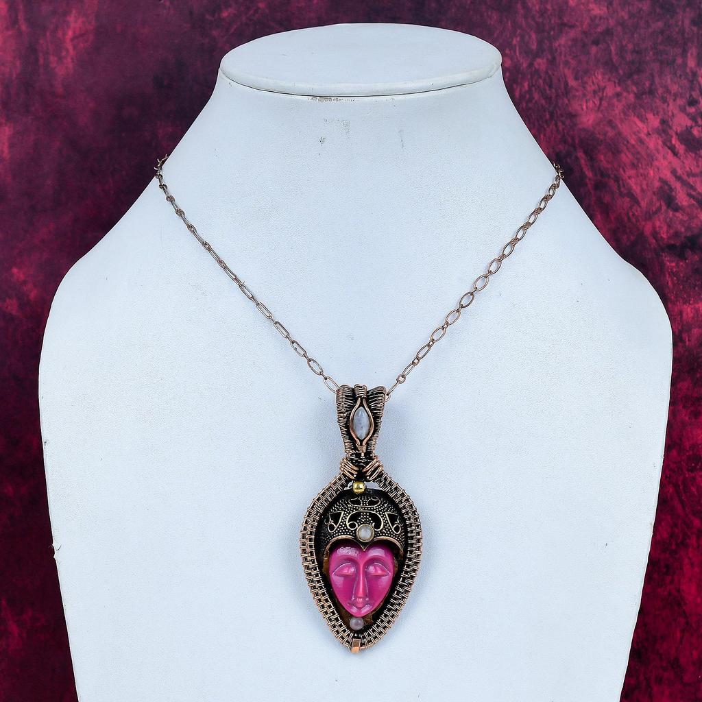 Pink Carved Bone Face Pendant Copper Wire Wrapped Pendant Rainbow Moonstone Jewelry