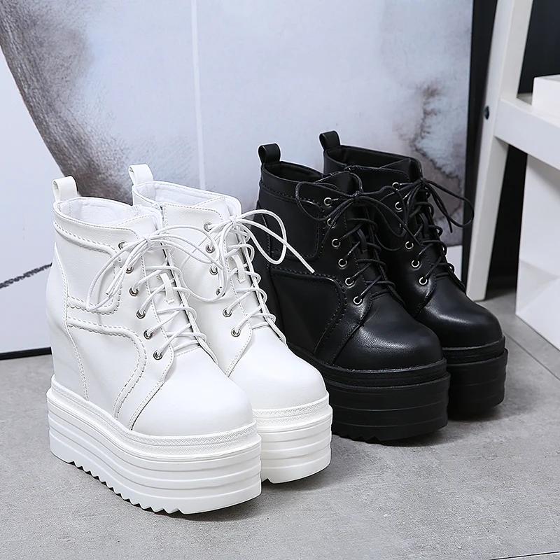 Fashion 14CM Platform Boots Goth for Women Lace Up Wedge Heel Chain Ankle Booties Studded Short Motorcycle Boots with Zipper White
