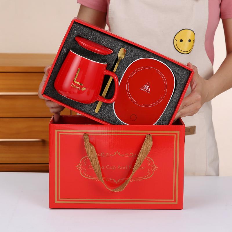 New Thermostat Cup Gift Box Ceramic Mug with Spoon And Storage Bag Set Folding Spoon Portable Cup 55℃ Thermostatic Coffee Cup