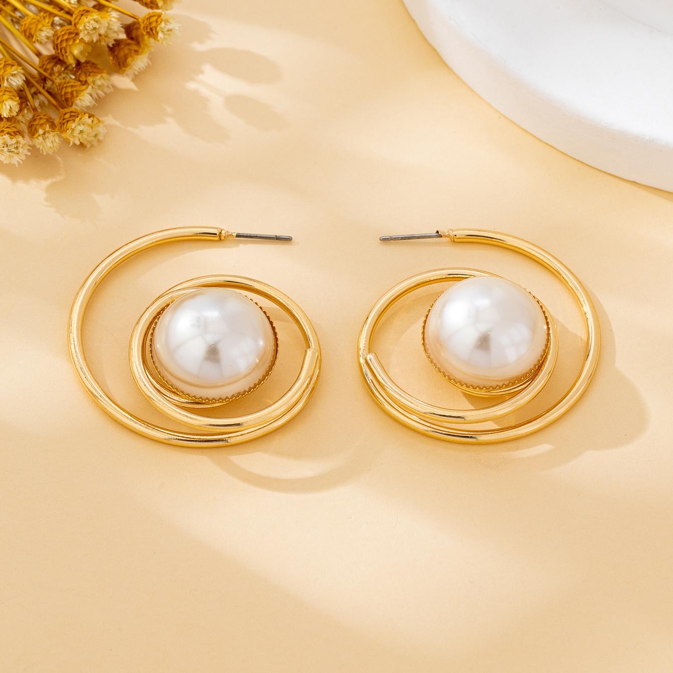 

Women s Earrings with Geometric Circle Inlays and Semi-Circle Faux Pearls, Classic and Simple Design, Suitable for Daily Wear and Vacation