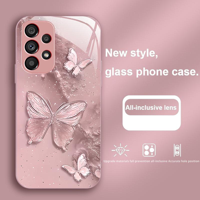 Golden Butterfly Pink For Samsung Galaxy S23 U Ltra 24 Plus S20 21 FE S25 Ultra A70 A72 73 51 52 53 Tempered Glass Phone Case