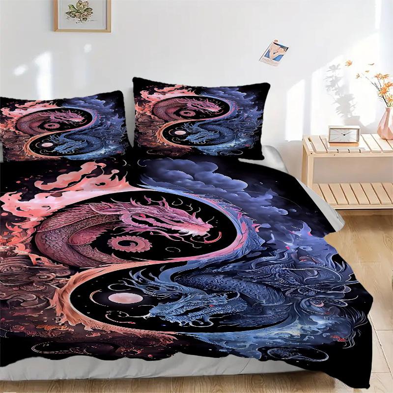 

3PCs Yin Yang Dragon Design Cover Set, Breathable Fabric(1 Duvet Cover + 2 Pillowcases) (Without Quilt) yy250911199 135x200cm