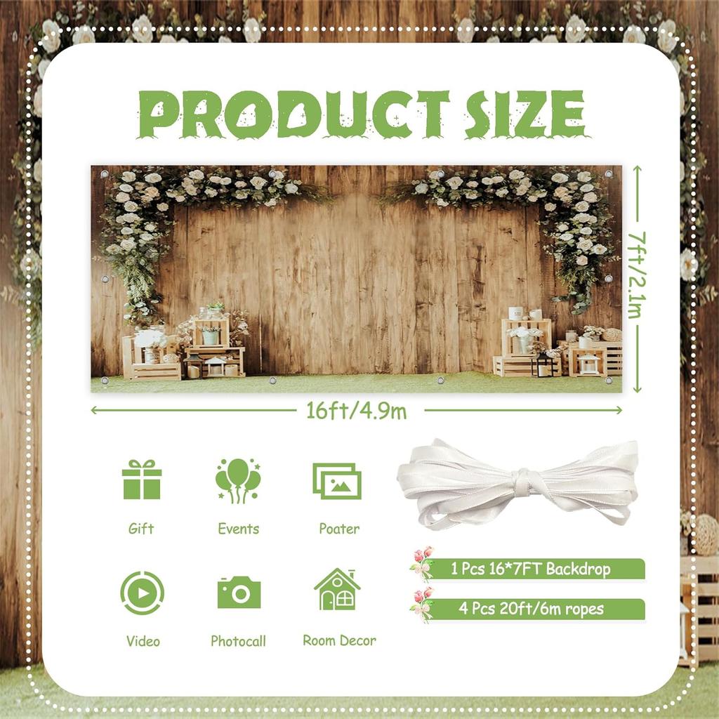 CSFOTO 7x16ft Floral Wood Wall Garage Door Decoration Banner Vintage Brown Country Theme Garage Decoration Mural Outdoor Indoor Bridal Shower