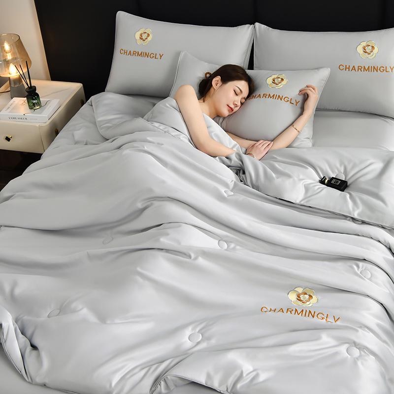 Luxurious Ice Silk Summer Quilt Set - Machine Washable, Air Conditioning Friendly, Double Size, Lightweight and Breathable.