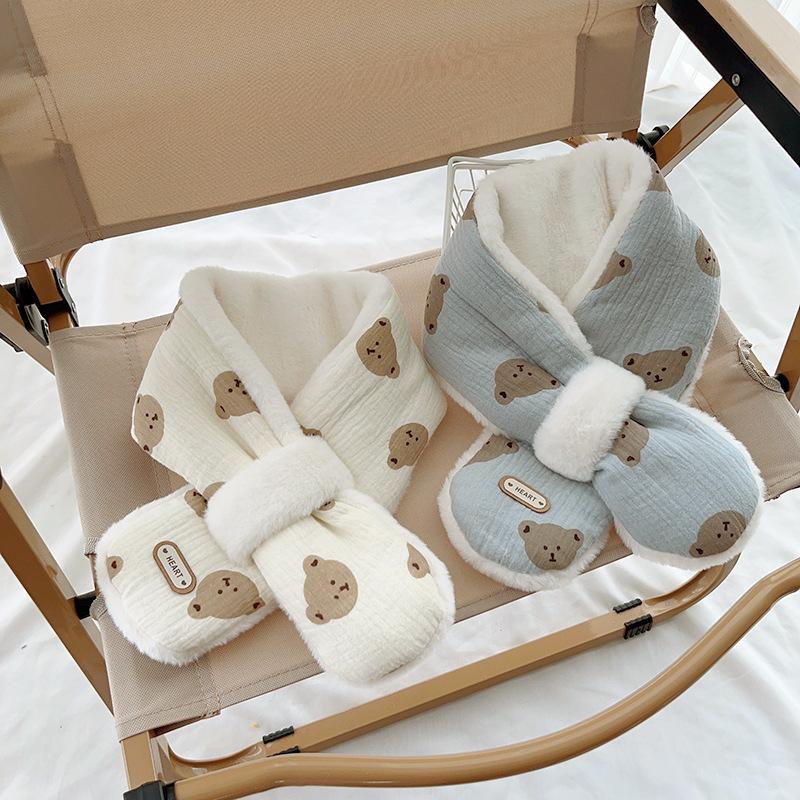 Winter Baby Bear Scarfs Warm Bear Fleece Kids Neck Warmer Cross Children Scarves for Girls Boys Baby Accessories